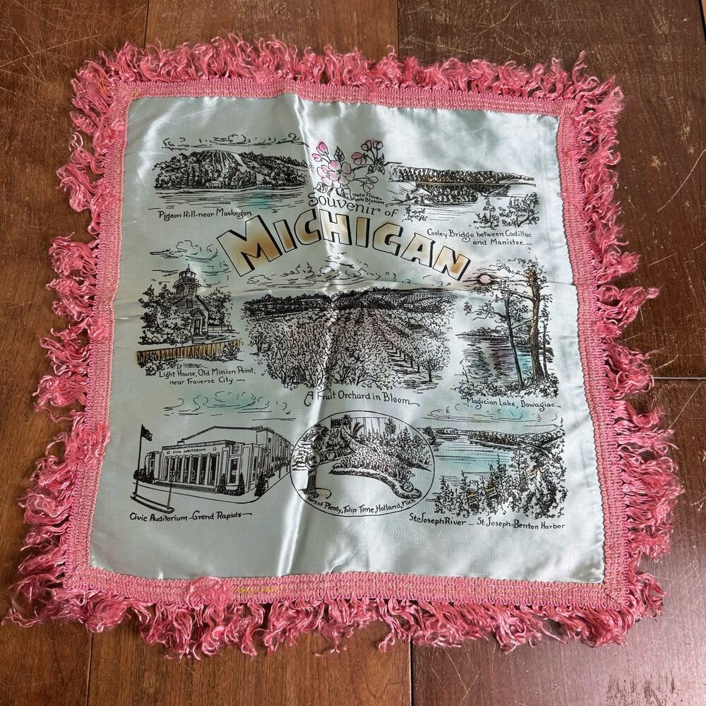 VINTAGE 1940s 1950s MICHIGAN Satin blue Pink‎ Souvenir Pillow Case